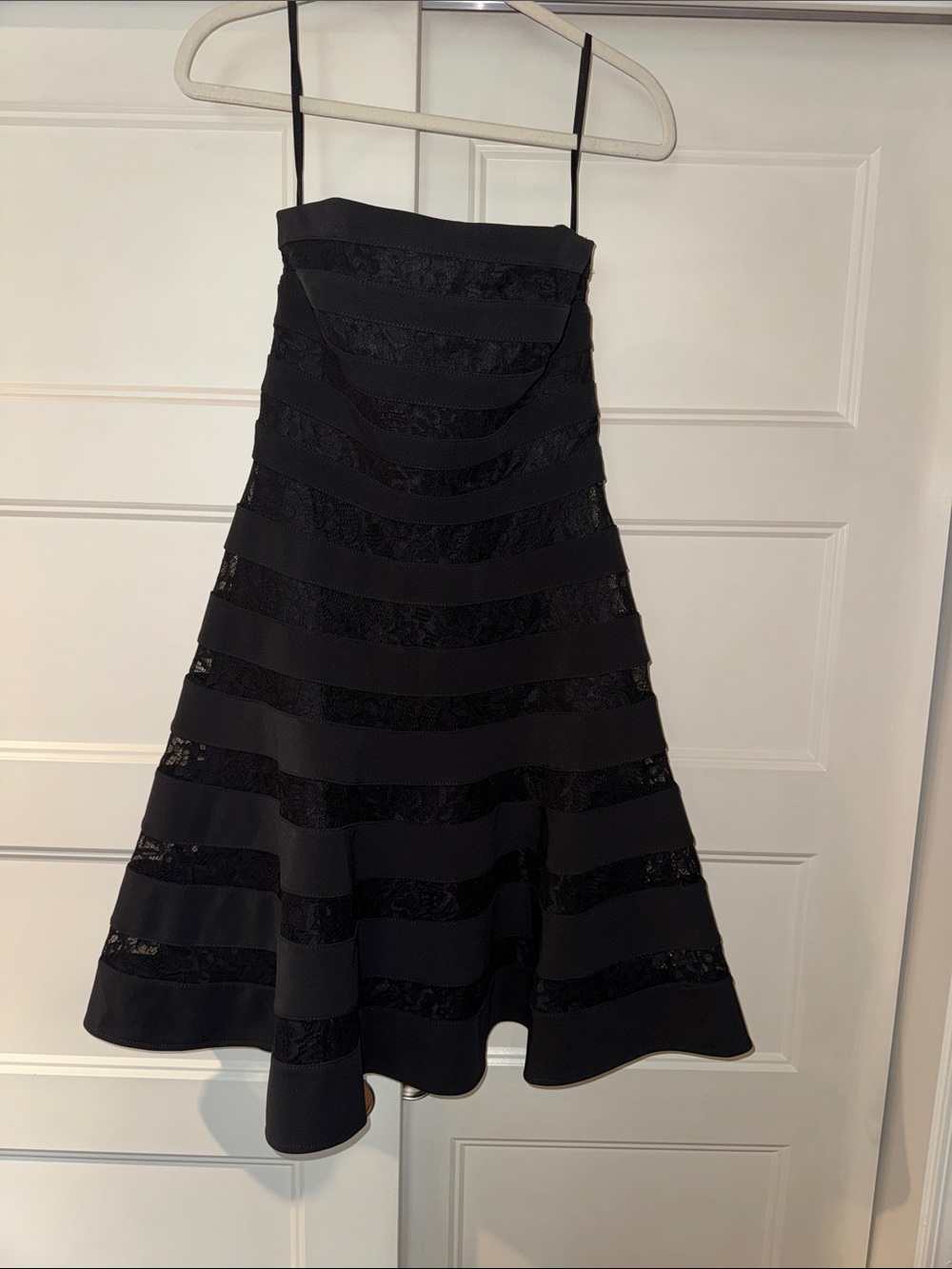 White House Black Market Black Fit-and-Flare Dress with Sheer Lace Stripes